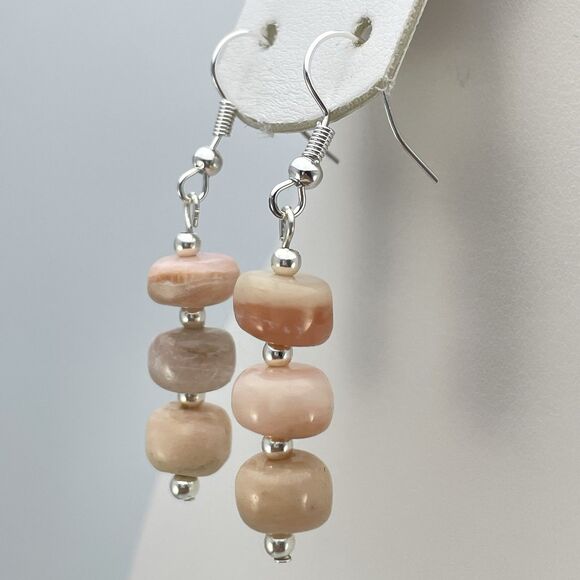 Stunning Pink Opal Round Beaded Dangle Earrings Silver Tone Boho Classic Cute - Picture 1 of 6